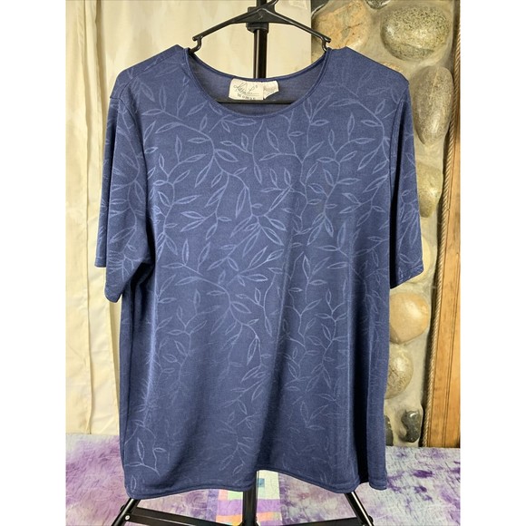 KATHIE LEE 14/16W SHORT-SLEEVED Stretch BLOUSE/TOP Blue Floral - Picture 1 of 5